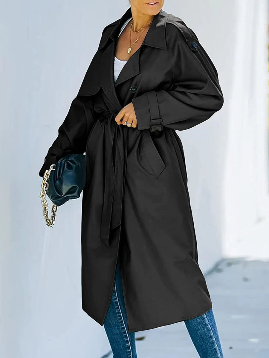 Women's Wide-Lapel Maxi Trench Coat with Waist Belt