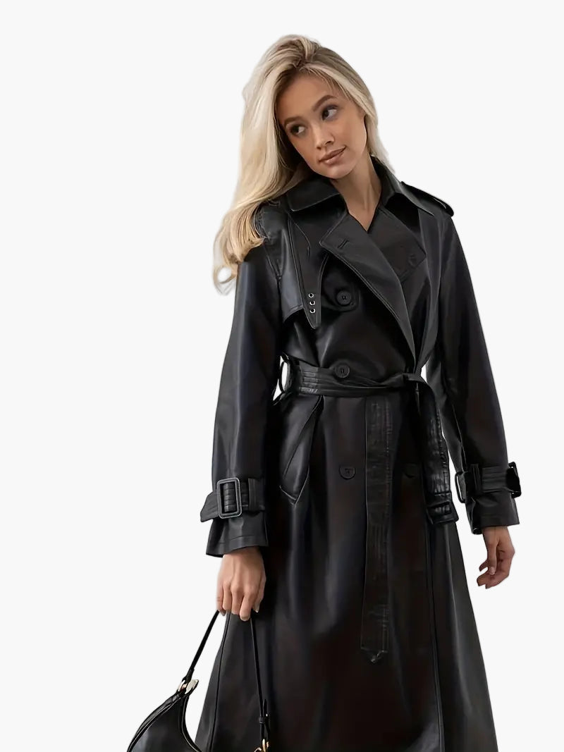 Women's Long Double-Breasted Trench Coat with Removable Belt