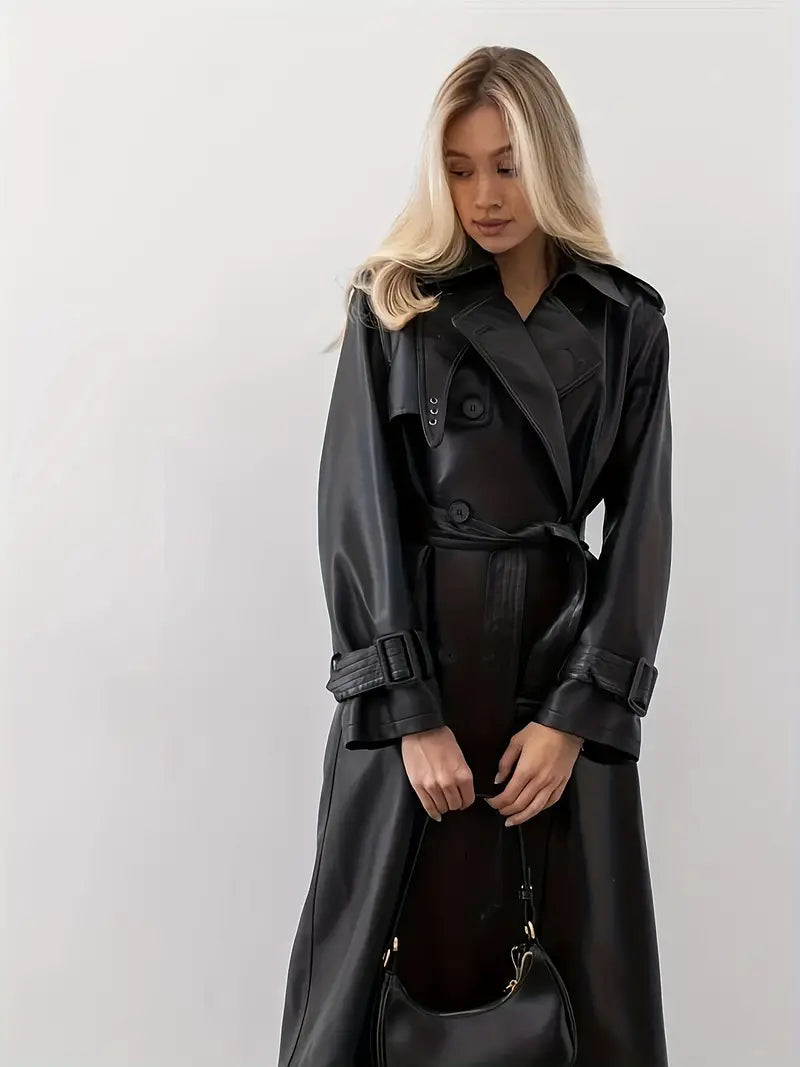 Women's Long Double-Breasted Trench Coat with Removable Belt