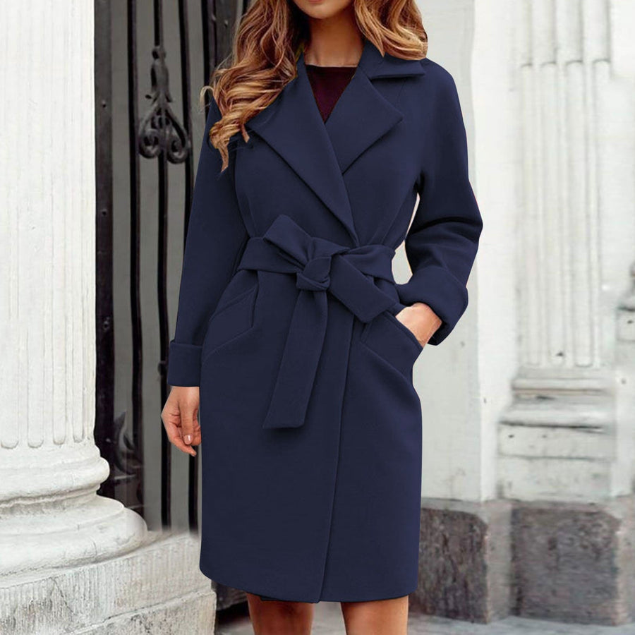 Women's Knee-Length Trench Coat with Wide Lapels and Belt