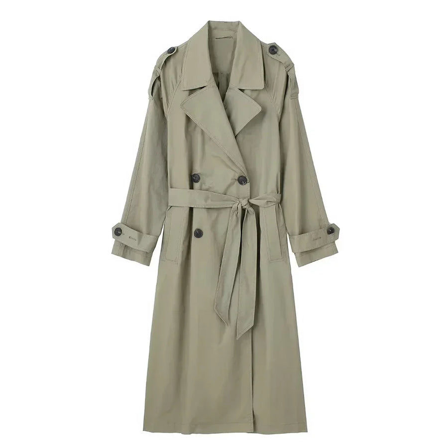 Women's Wide-Collar Midi Trench Coat with Tie Belt