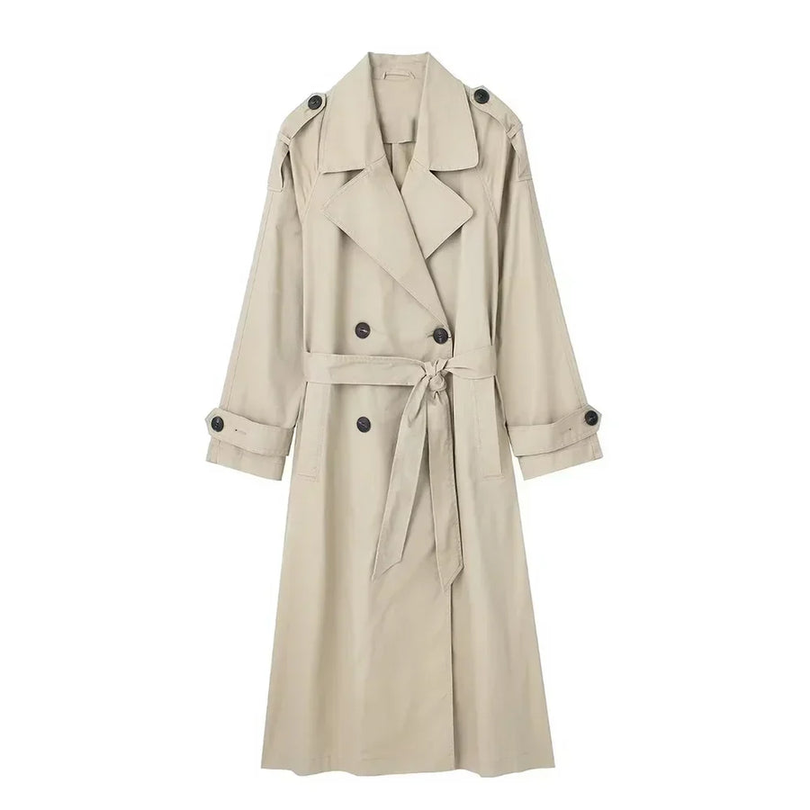 Women's Wide-Collar Midi Trench Coat with Tie Belt