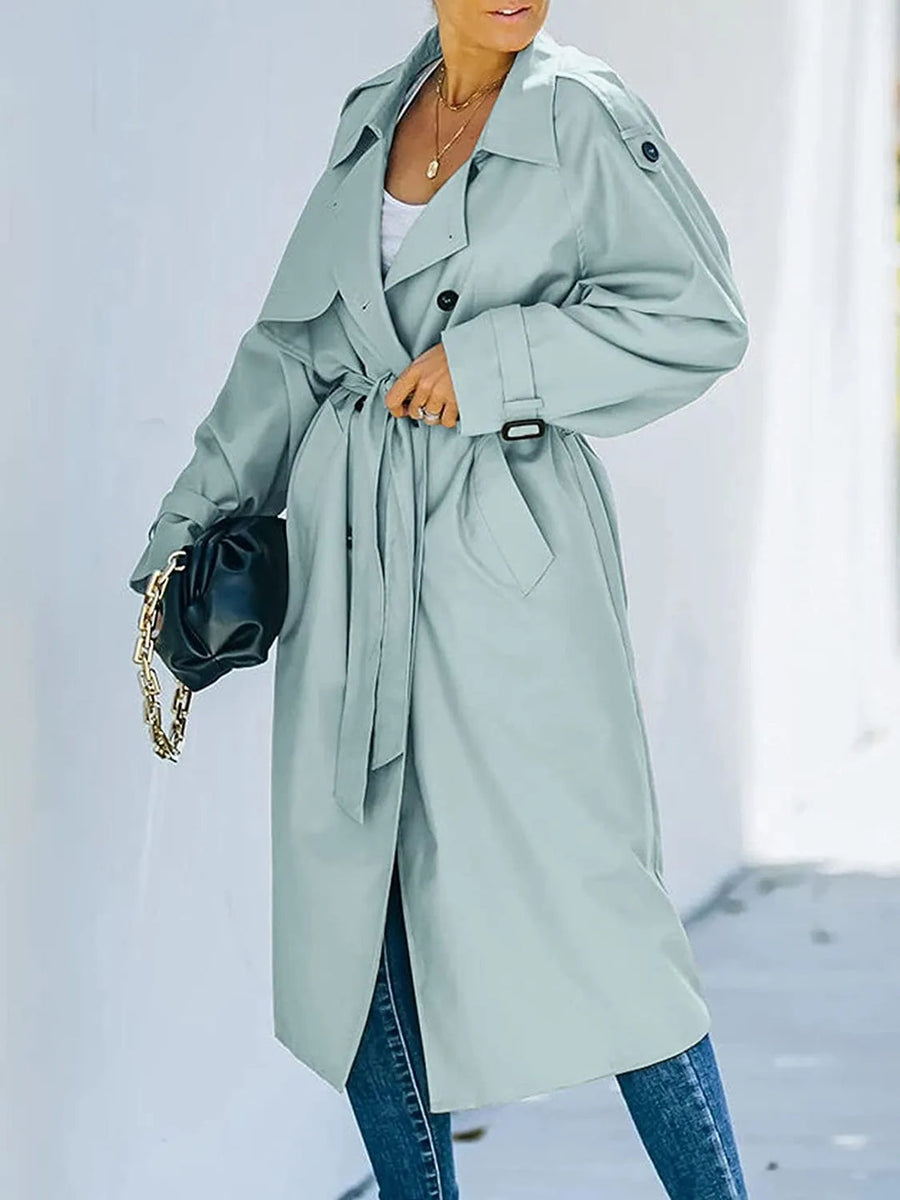 Women's Wide-Lapel Maxi Trench Coat with Waist Belt