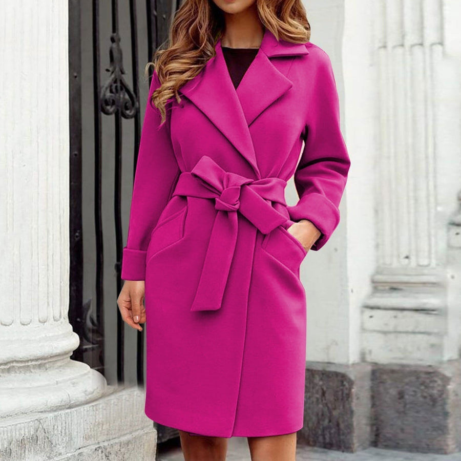 Women's Knee-Length Trench Coat with Wide Lapels and Belt