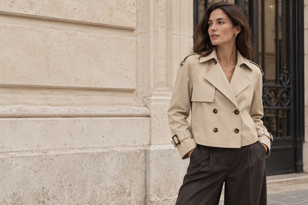 Model wearing a sand cropped trench jacket beside a Parisian limestone facade
